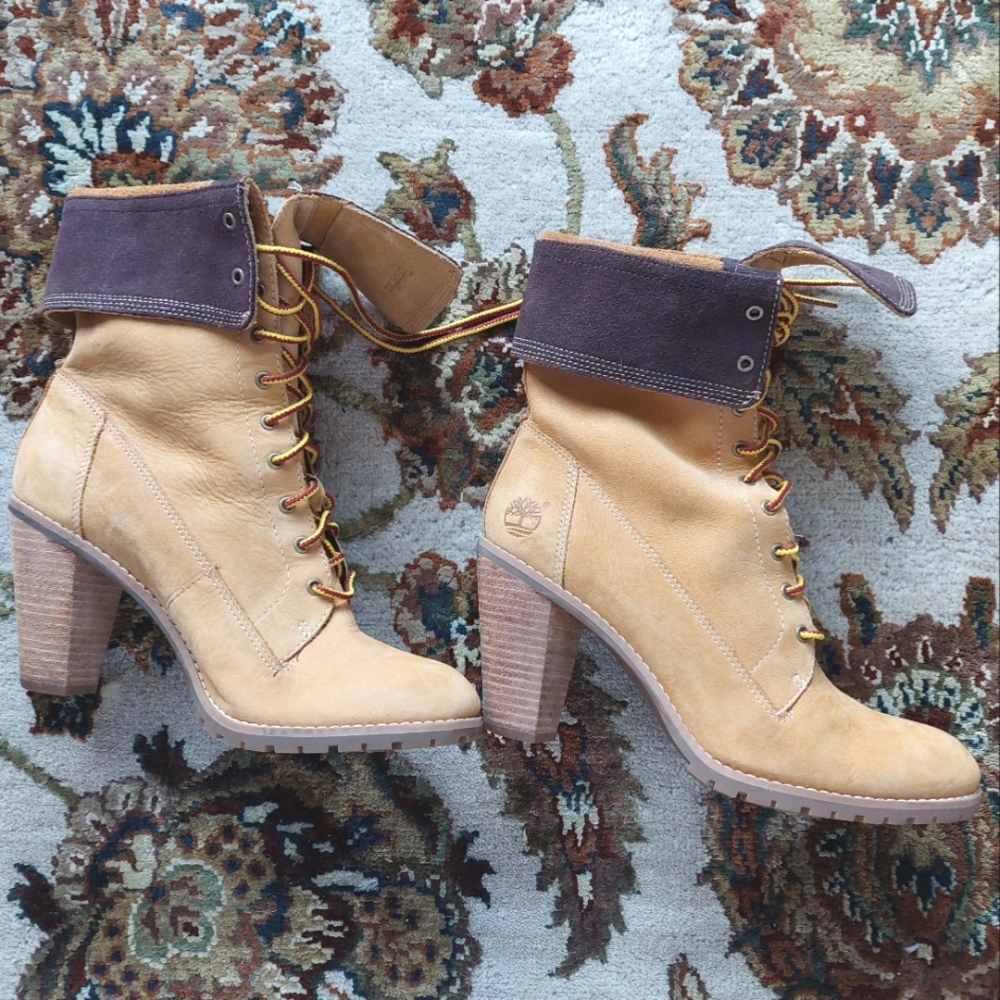 Women's Timberland Chauncy Lace Boots Stacked 3" Sz 9.5 Wheat/Brn Work Boot Look